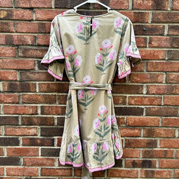 Pink Chicken Floral Tent Mini Dress Ruffle Embellishment Sash Belt Tie Lined XS - Picture 3 of 8